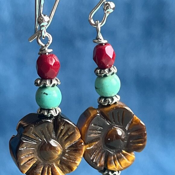 Tiger’s Eye Carved Flower Dangle Earrings, Southwestern Inspired Color Pallet - Picture 3 of 4